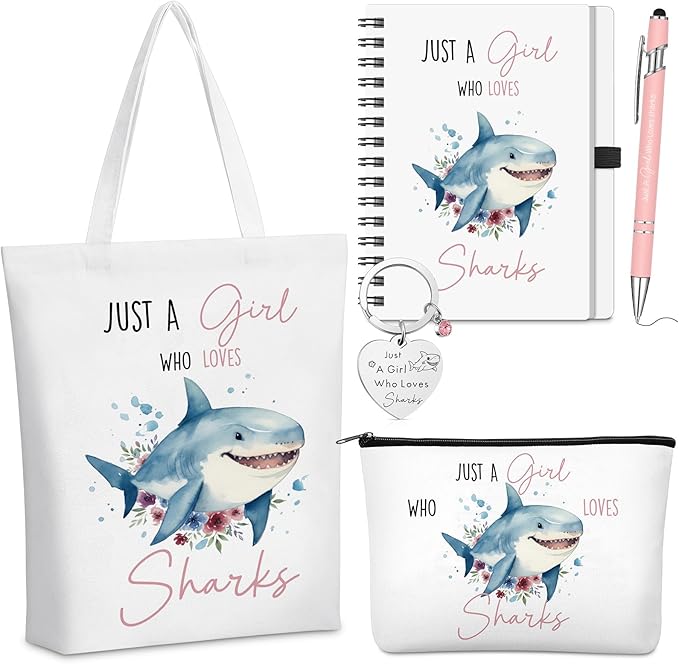 Ceenna 5 Pcs Shark Gifts for Women, Just a Girl Who Loves Shark Cosmetic Makeup Bag, Canvas Bag, A6 Spiral Notebook Lined Journal, Writing Gel Ink Pen and Funny Keychain for Girl Animal Lovers Gift