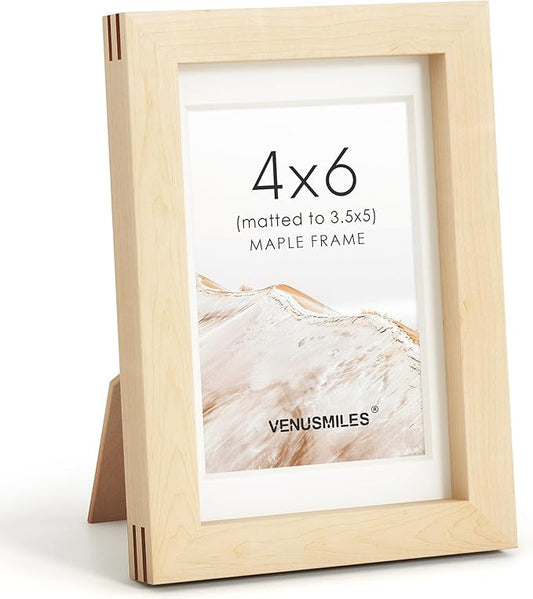 4x6 Picture Frame, USA-Sourced Natural Maple Wood Photo Collage Frame with HD Tempered Glass, Modern Simple 4 x 6 Wooden Frame Matted to 3.5x5, Gallery Wall Frames for Art, Wall or Tabletop Display