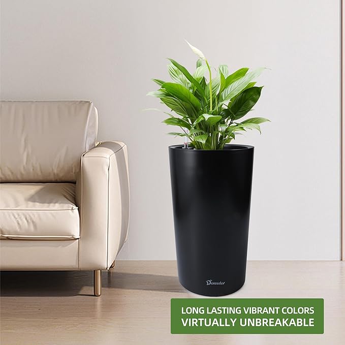 Dexceder 22x13 Tall Self Watering Planter High Cylinder Indoor Outdoor, Thickened Large Floor Standing Flower Plant Pot with Water Level Indicator (Black Matte)