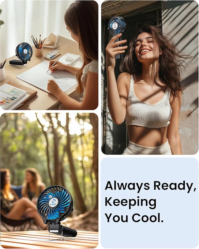 KIBEE Portable Handheld Fan - 5200mAh USB Rechargeable [20H Max Runtime] with Power Bank, Foldable 180° Mini Personal Fan, 3-Speed with Stand for Travel/Outdoor/Makeup/Concerts (Black)