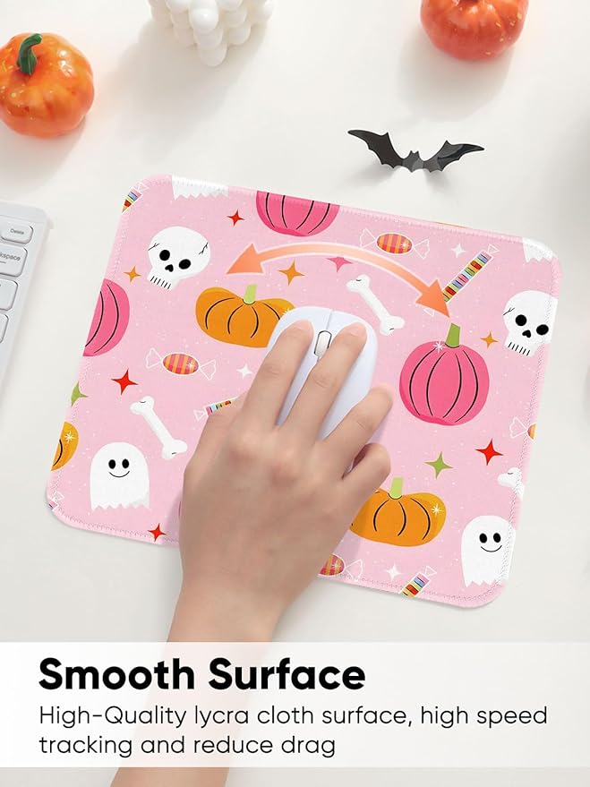 Seorsok Cute Fall Autumn Pumpkin Mouse Mat,Skeleton Skull Decor Mouse Pads for Office Laptop,Washable Square Mousepads with Extended Stitched Edges Non Slip Rubber Base 9.5"x7.8"x0.12" Inch,Pink