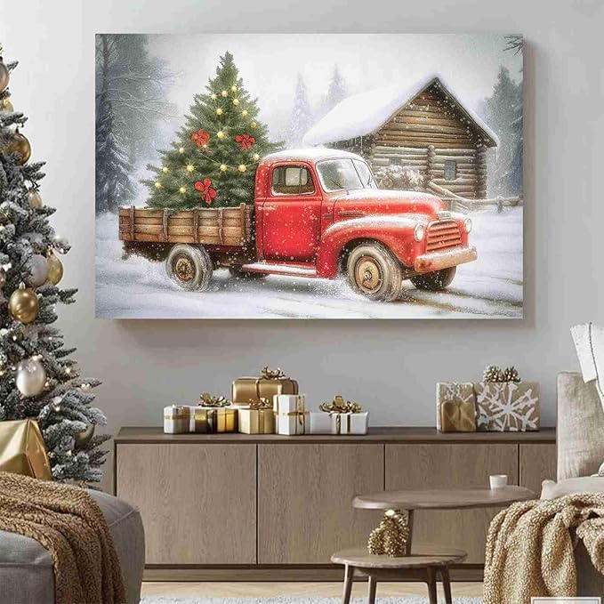 Red Truck Christmas Tree Vintage Holiday Wall Art Winter Snow Scene Poster Nostalgic Truck Canvas Print Indoor Decor for Home Living Room Bedroom Office Dining Room Farmhouse Christmas Holiday