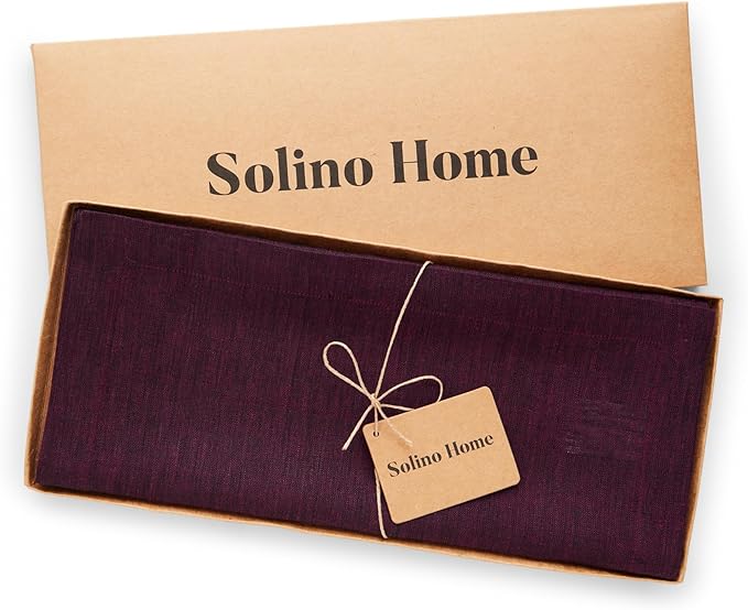 Solino Home Linen Chambray Burgundy Table Runner 108 Inches Long - Athena, 100% Pure Linen 14 x 108 Inch Table Runner for Valentines