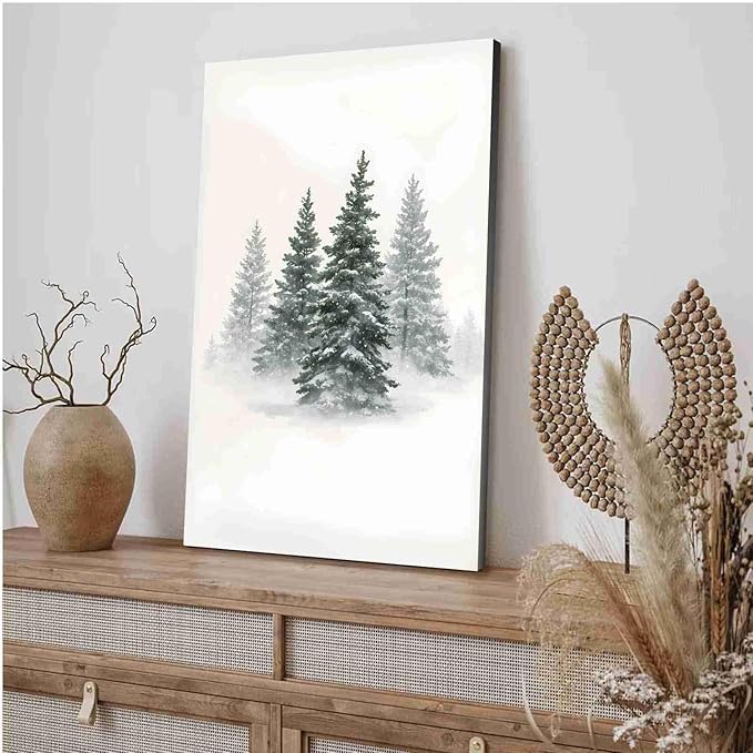 Canvas Wall Art Snowy Evergreen Trees Print Winter Forest Wall Art Christmas Watercolour Painting Winter landscape Snowy Pine tree poster 32x48in-UnFramed
