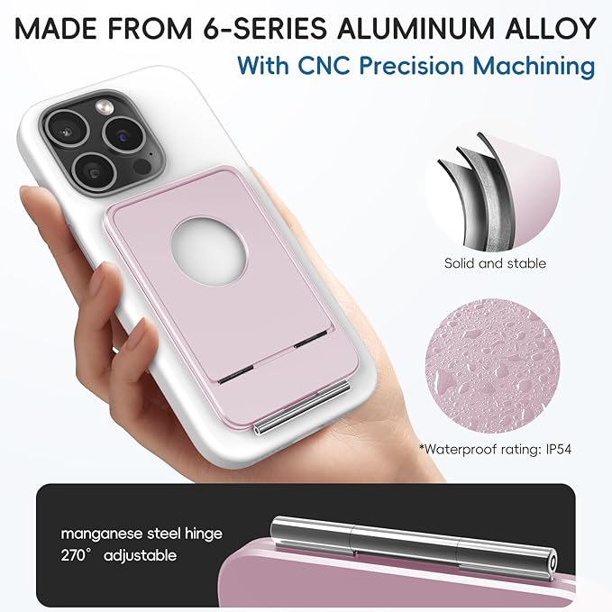 Cell Phone Stand,Adjustable Height and Angle Foldable Phone Holder for Desk, Aluminum Cell Phone Holder,Strong Magnetic Phone Stand Compatible with iPhone 16/15/14/13/12 Series (Pink)