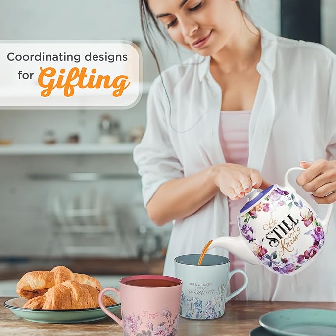 Christian Art Gifts Women's White Ceramic Teapot for One: Be Still and Know - Psalm 46:10 Inspirational Bible Verse, Novelty/Vintage Purple Rose Flower w/Golden Foil for Hot & Cold Liquids, 32 oz.
