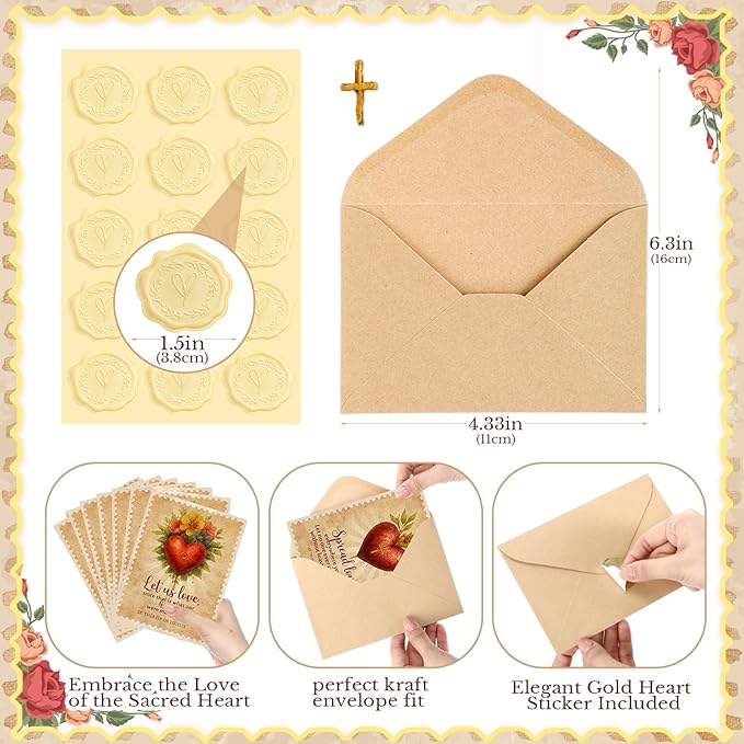 Epakh 48 Sets Religious Valentine's Day Cards Catholic Greeting Card with Brown Envelope Gold Sticker Heart and Cross Exchange Gifts for Godmother Goddaughter Church Couple Friends