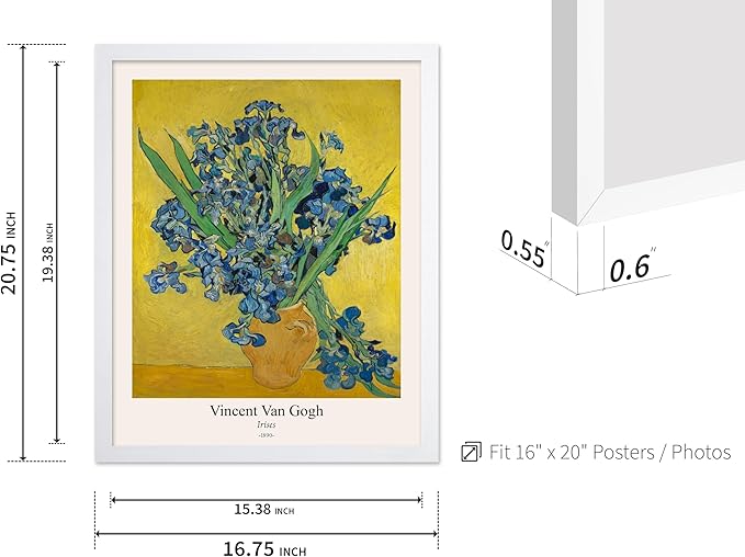 Monem Art Vintage Van Gogh Poster - Retro Irises Print - Flowers in Vase Art - Impressionism Art - Floral Art - Fine Art - Classic Painting Art - Living Room Wall Decor - 16x20 White Framed