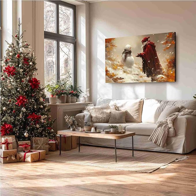 Vintage Christmas Canvas Painting Santa with Snowman Christmas Character Canvas Wall Art Holiday Winter Poster Indoor Decor for Home Offices Living Room Bedroom Dining Room Framed Ready to Hang