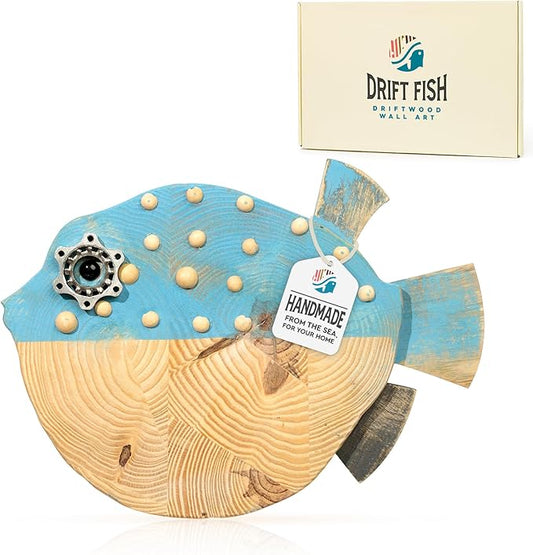 Mint Bucket Brands Driftwood Puffer Fish Nautical Wall Decor - 14.5" x 9" Handmade Wooden Rustic Coastal Wall Art for Living Room, Bedroom, Office, Bathroom - Ocean Beach Decoration (Bubba)