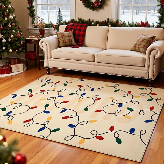jinchan Jingle Lights Christmas Rug 4x6 for Living Room Bedroom Beige Holiday Decorative Rug for Dining Room Foyer Colored String Lights Printed Xmas Decor Washable Non Slip Floor Carpet