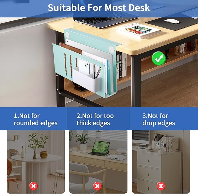 LUKETURE Desk Side Storage, 2 Tier Steel Hanging Organizer, No Drill Side Desk Organizer, Laptop Holder, with Pen Holder, Hanging Table Storage for Office Home, Fits Flat Edge Tables 0.3" to 2.8"