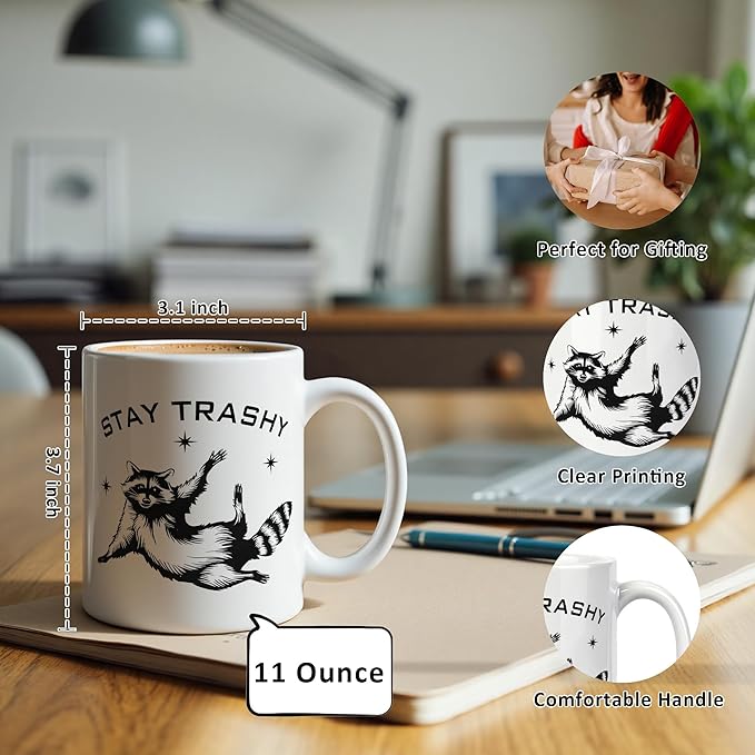 Funny Stay Trashy Raccoon Meme Mug 11 oz, Raccoon Lover Gifts Coffee Cups Ceramic, Humorous Trash Panda Ceramic Mug for Coffee Tea Hot Cocoa Home Office Work