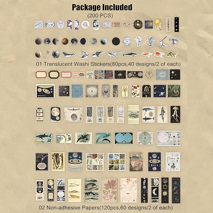 200 Pieces Vintage Ephemera Scrapbooking Supplies Pack for Journaling, Decoupage Paper Scrapbook Stickers Kit for Bullet Junk Journal Planners Collage Craft Notebooks Album (Space and Sea)