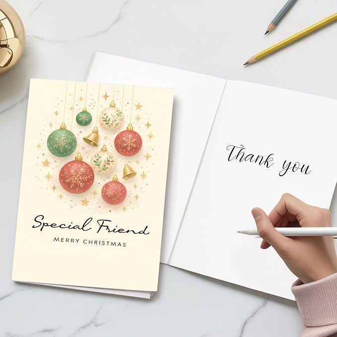 (5.3x8in) Special Friend Merry Christmas Card, Elegant Holiday Greeting with Red and Green Baubles, Gold Bells Stars, Festive Friendship Card for Best Friend, Female or Coworker (Xmas 47)