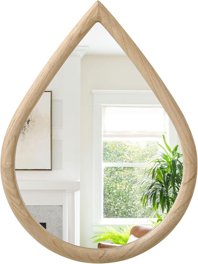 Small Wall Mirror Decorative Farmhouse Rustic Teardrop Wall Hanging Mirrors Walnut Wood Framed Irregular Mirror for Bathroom Living Room Bedroom Entrance