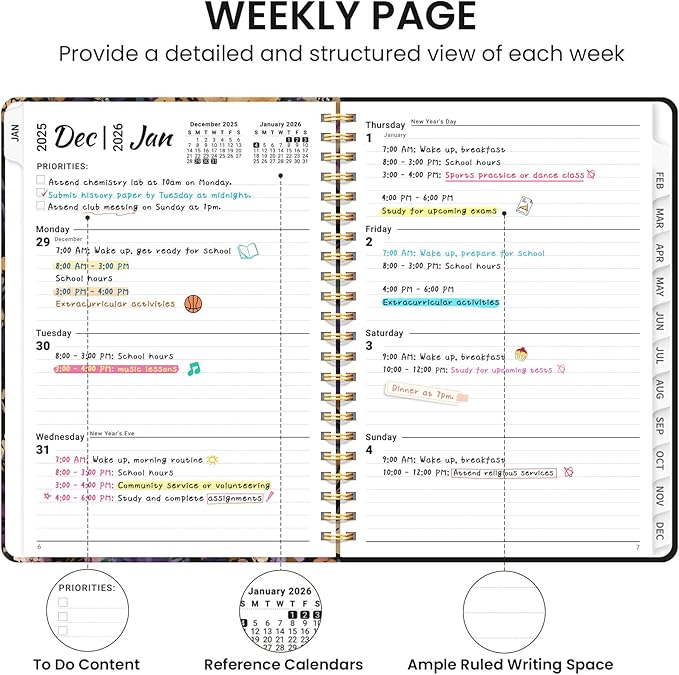 2026 Planner, Weekly and Monthly Calendar Planner for Women, Jan 2026 - Dec 2026, Hardcover Planning Agenda book with Tabs, Spiral Bound, Inner Pocket, Perfect for School Office Supplies, 8.5" x 11" - Midnight Bloom