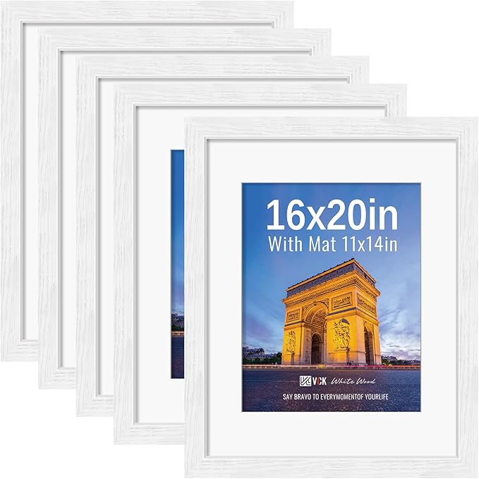 VCK 16x20 Picture Frames White Set of 5, Wide Border Wood, Tempered Glass, Display 11x14 Photo with Mat or 16 x 20 without, for Home, Office, Gallery, Woodgrain Series, Wall Hanging