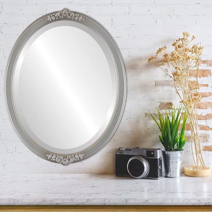 OVALCREST Oval Beveled Wall Mirror for Home Decor - Athena Style - Silver Shade - 26" x 22" Outside Dimensions