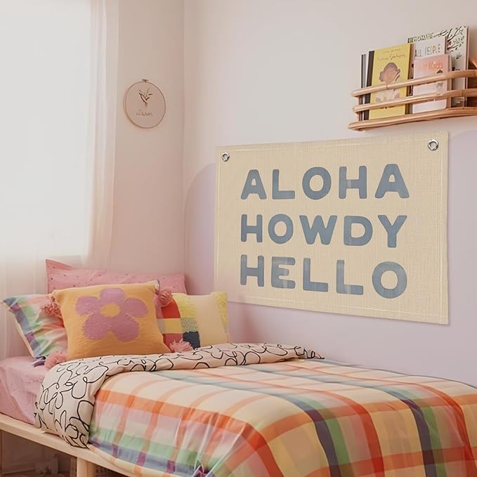 Blue Coastal Decor, Aloha Howdy Hello Banner, Vintage Coastal Cowgirl Decor Aesthetic, Coastal Granddaughter Room Decor, Linen Banner Wall Hanging Banner Flag