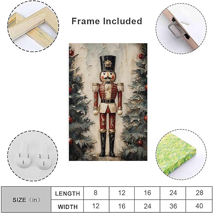 Nutcracker Soldier Vintage Christmas Art Holiday Doll Canvas Wall Art Traditional German Decor Red Uniform Soldier Prin Poster Indoor Decor for Home Offices Living Room Bedroom Framed Ready to Hang