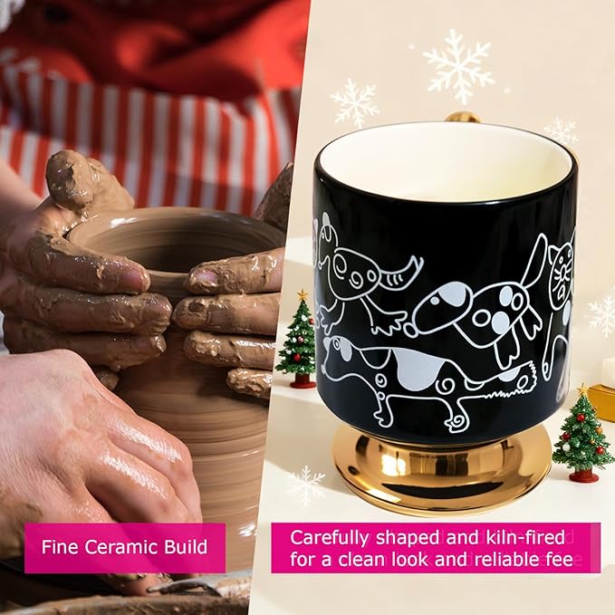 Christmas Mugs Whimsical Animal Ceramic fun Coffee Mug – 14oz Childlike Hand-Drawn Cat, Dog & Bear Design – Cute gothic Coffee Cup Gift for Women, Girls, Kids (Black)