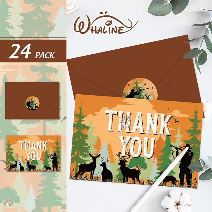 Whaline 24 Pack Hunting Camo Thank You Cards Greeting Cards with Envelopes Stickers Camouflage Camping Deer Blank Note Card for Birthday Baby Shower Party Supplies