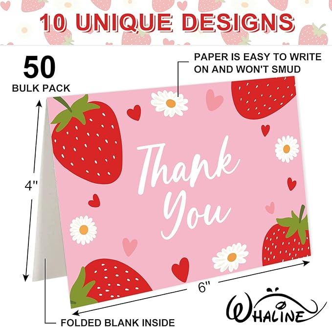 Whaline 50 Pcs Strawberry Thank You Cards Greeting Cards with Envelopes Stickers Pink Fruit Blank Note Cards for Baby Shower Birthday Party Invitation Supplies, 4 x 6 Inch