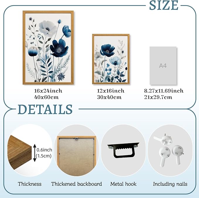 LLEEMPI Navy Blue Floral Wall Art Set of 3, Modern Wildflower Wall Decor, Watercolor Botanical Canvas Paintings, Classic Minimalist Poster Prints for Bedroom Bathroom Office Wood Framed 12x16 Inch
