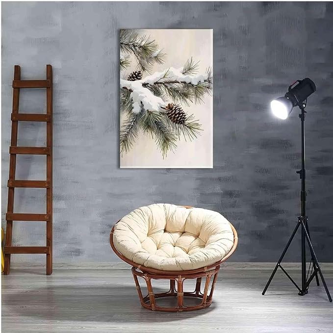 Framed Canvas Wall Art Snowy Fir Branch with Pinecones Vintage Winter Botanical Art Rustic Cottagecore Nature Decor Christmas Wall Print 16x24in Wood Framed