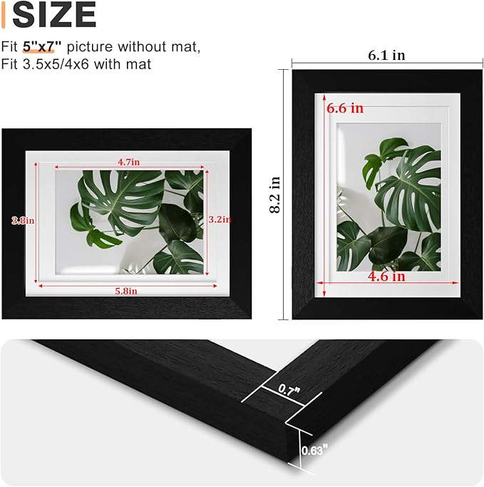 Egofine 5x7 Picture Frame 4PCS Made of Solid Wood, Display Picture 3.5x5/4x6 with Mat or 5x7 Covered by Plexiglass for Table Top Display and Wall Mounting Photo Frame, Black with Texture