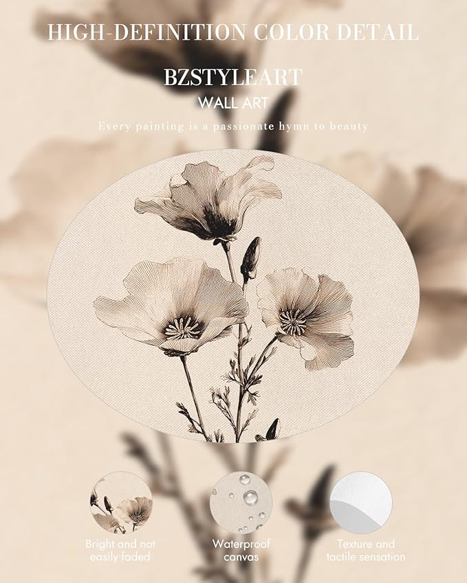 Bzstyleart Vintage Wall Art Decor for Living Room,Poppy Flower Wall Art,Sketch Painting Picture Gold Framed,Vintage Home Decoration,Room Decor Aesthetic for Bedroom Kitchen Bathroom Shelf,12L x 16W