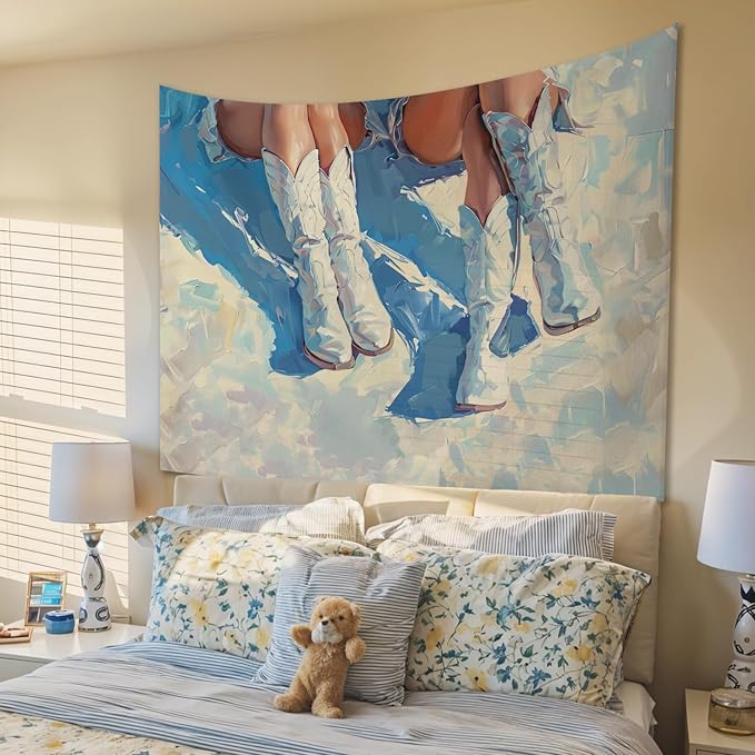 STHTTSW Coastal Cowgirl Tapestry, Blue Dorm Trendy Beachy Tapestries Wall Blanket, Preppy Girly Wall Hanging Decor for Teen Girl Women College Dorm Apartment Bedroom, 50x60 Inch