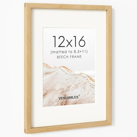 12x16 Picture Frame, USA-Sourced Natural Beech Wood Photo Collage Frame with HD Tempered Glass, Modern Simple 12 x 16 Wooden Frame Matted to 8.5x11, Vertical & Horizontal Wall Hanging Display