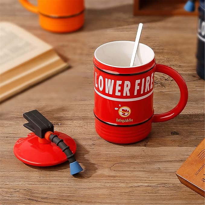 Coffee Mug Cups Ceramic Tea Cup Fire Extinguisher Shaped Handmade Cute Mugs With Lid Spoon Handle Office Home Hot Ice Chocolate Milk Mugs Gifts Microwave Dishwasher Safe Travel Mugs (Red)