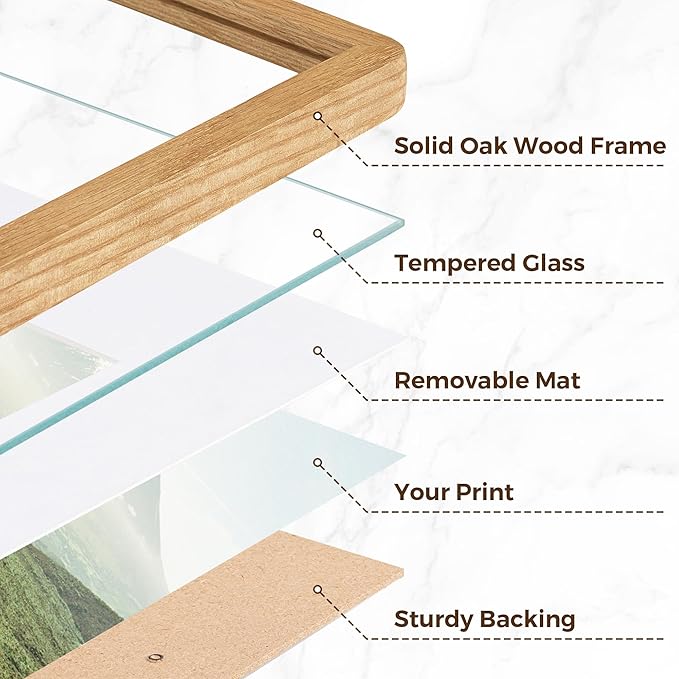 11x14 Picture Frame, Solid Oak Wood Frame 11 x 14 for Wall, Rustic Wooden Frames 11 by 14 with Tempered Glass, 11x14 Frame with Mat for 8x10, Home Decor Photo Frames 11"x14", Natural Oak Color, 1 Pack