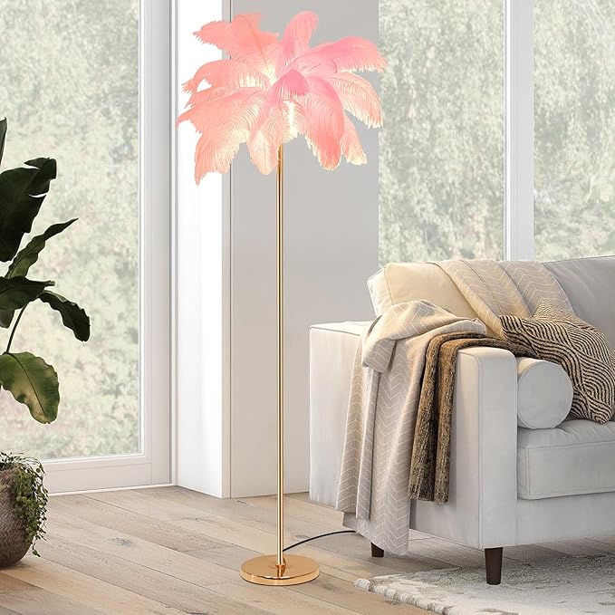 ZYLEIESENBAO Pink Feather Lamp Romantic Ostrich Feather Floor Lamp Nordic Fluffy Standing Light for Girl Bedside Creative Furry Floor Lamp for Sofa Living Room Corner in Bedroom Hotel Wedding