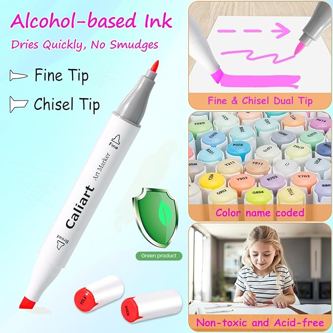 Caliart Alcohol Based Markers, 24 Colors Art Marker Set Fine & Chisel Dual Tip, Permanent Colored Pens for Adults Coloring Book Artists Illustration Sketch Lettering Drawing Cards Planner