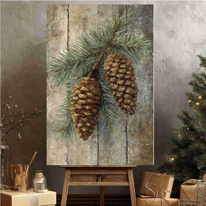 Vintage Christmas Canvas Painting Botanical Wall Art Nature Print Forest Decor Rustic Woodland Poste Holiday Evergreen Art Country Landscape Indoor Decor for Home Office Living Room Cabin Rustic