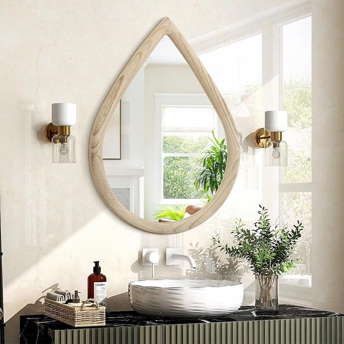 Irregular Wall Mirror Wood Frame Rustic Teardrop Wall Mirrors Decorative Irregular Mirrors for Bedroom Living Room Bathroom 16x20 Inches