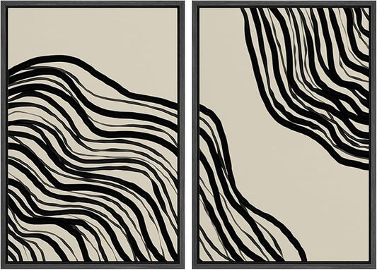 SIGNWIN Framed Canvas Print Wall Art Set Dark Geometric Spiral Wave Collage Abstract Shapes Cozy Neutral Modern Art Minimalism Decorative Nordic for Living Room, Bedroom, Office - 16"x24"x2 Black