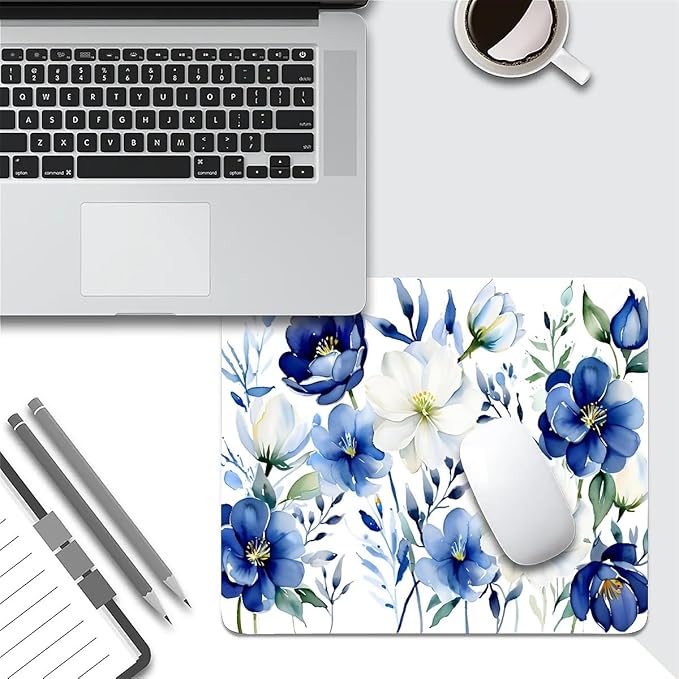 Square Mouse Pad White Blue Flowers 2, Personalized Premium-Textured Custom Mouse Mat Design, Washable Mousepad Cloth, Non-Slip Rubber Base Computer Mouse Pads for Wireless Mouse