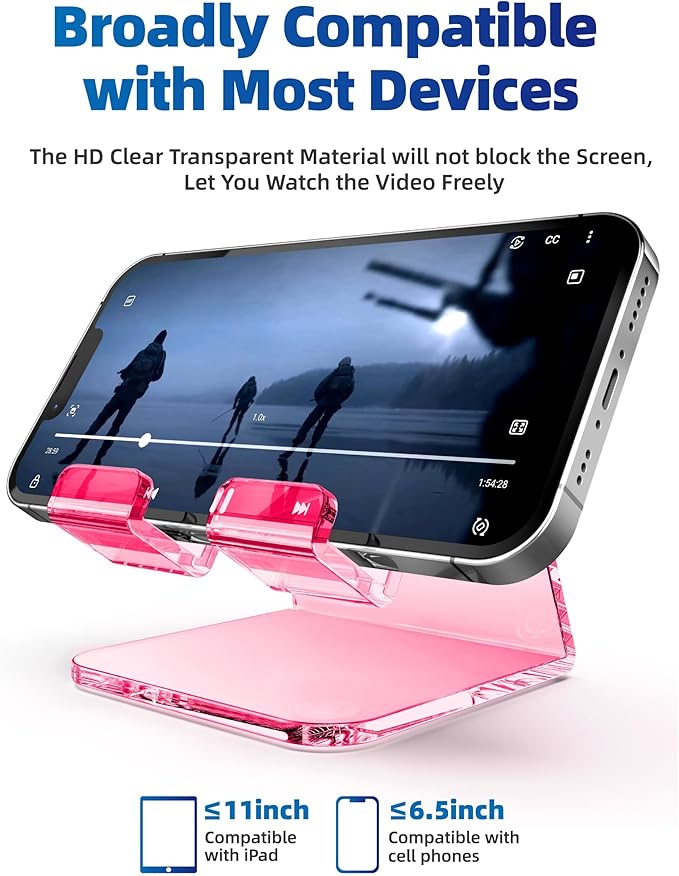 TOPGO Acrylic Cell Phone Stand, Clear Phone Holder for Office Desk, Vanity, Kitchen Counter, Bedside Table, Compatible with iPhone 17 16 15 14 13 12 Pro Max Plus/Smartphones/iPad/Switch/Kindle(Pink)