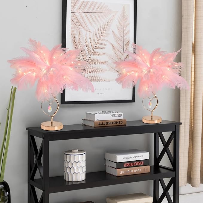 Pink Ostrich Feather Lamp Creative Furry Bedside Lamp Romantic Feather Table Lamp Fluffy Nightstand Light for Girl Bedroom Wedding Decor Valentines Dating Livingroom Hotel Office Christmas