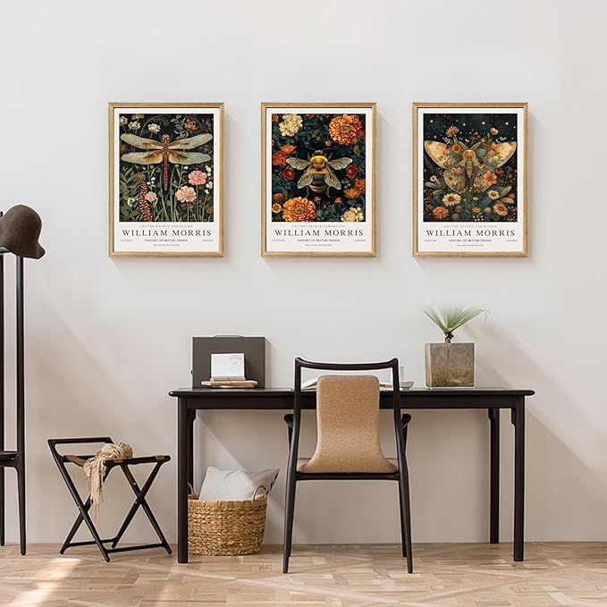 Hianan William Morris Animal Botanical Canvas Wall Art, Vintage Dragonfly Bee Butterfly Poster Prints, Maximalist Nature Flower Aesthetic Pictures for Living Room Bedroom Wood Framed 12"x16"x3
