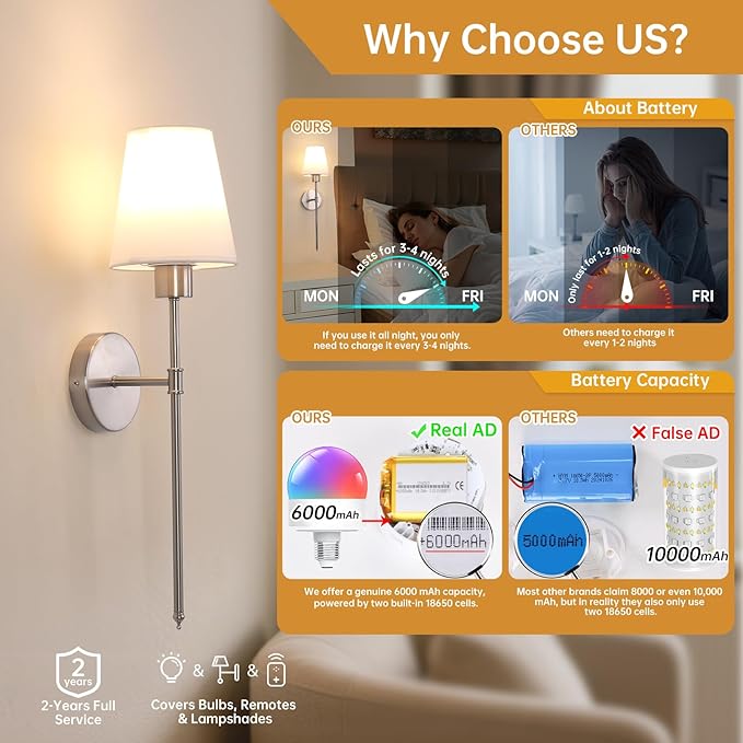 Battery Operated Wall Sconces Set of 2, 120H Usage Time 22.6" Rechargeable Wall Light with Dimmable Bulb, 12 Colors Wall Sconce for Bedroom Living Room, Silver