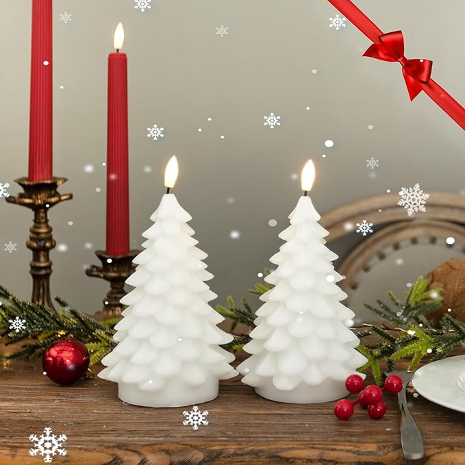Flameless Candles with Remote Timer, 2 Pack Christmas Tree Candles Battery Operated LED Candles Real Wax Holiday Christmas Decoration for Bedroom Party Festival Gift White