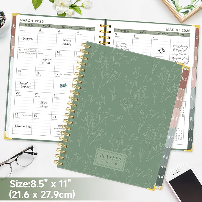 GuassLee Large 2026 Planner, Weekly and Monthly Planner from January 2026-December 2026, 8.5"x 11" Aesthetic Greenery Agenda Book with Back Pocket, Stickers, Coated Tabs, A4 Size