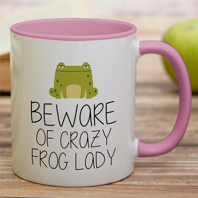Retreez Funny Mug - Beware of Crazy Frog Lady 11 Oz Ceramic Coffee Mugs - Funny, Sarcasm, Sarcastic, Motivational, Inspirational birthday gifts - White Mug with Pink Handle and Inner