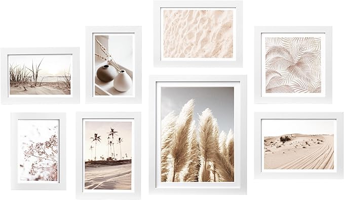 ArtbyHannah Gallery Wall Frame Set, 8 Pack Picture Frames Collage Wall Art Decor with Neutral Pampas Grass for Bedroom, Assorted Size Including 8"x10", 5"x7", 4"x6", 6"x6"(White Frame,Small)